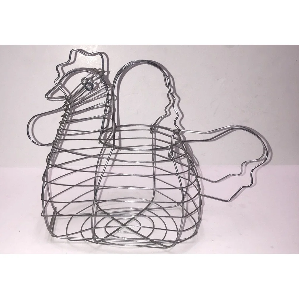 Chicken Hen Egg Basket Gray Chrome‎ Wire Large Farmhouse Country Vintage Kitchen